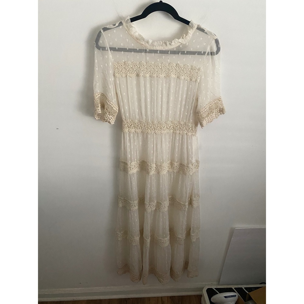 Rahi Cali Cream Swiss Dot Crochet‎ Lace Tiered Midi Dress Boho Cottagecore